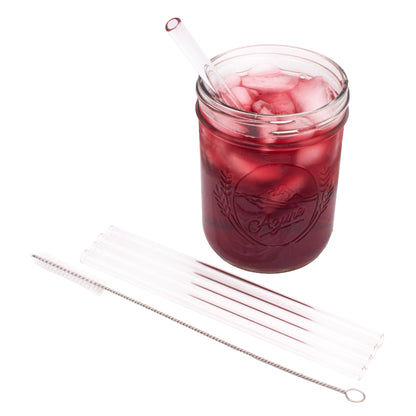 Medium 7 ¼" Glass Straws for Pint Mason Jars 4 Pack + Cleaner