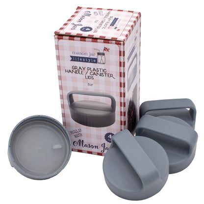 Gray Plastic Handle/Canister Lids for Regular Mouth Mason Jars 4 Pack