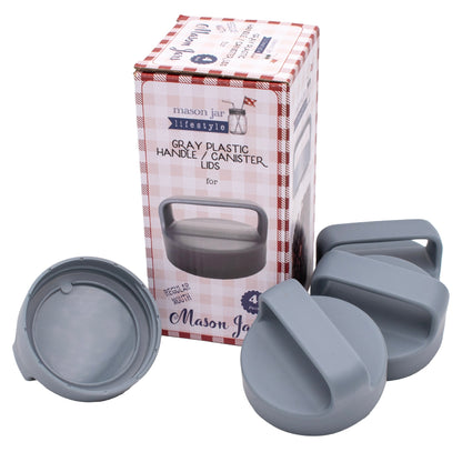 Gray Plastic Handle/Canister Lids for Regular Mouth Mason Jars 4 Pack