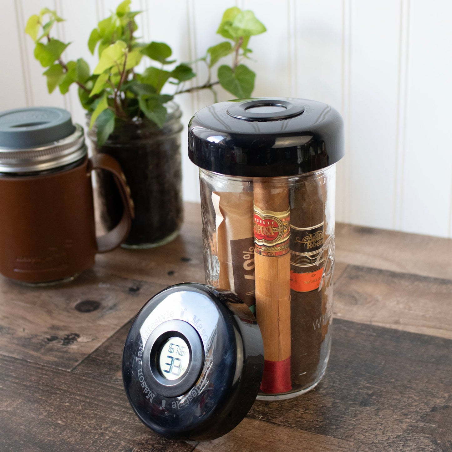 Humidor / Hygrometer Lid with Temperature for Wide Mouth Mason Jars - Store Cigars, Spices, or Herbs