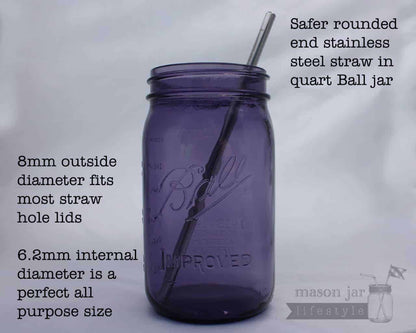 Long 9" Safer Rounded End Stainless Steel Straws for Quart Mason Jars