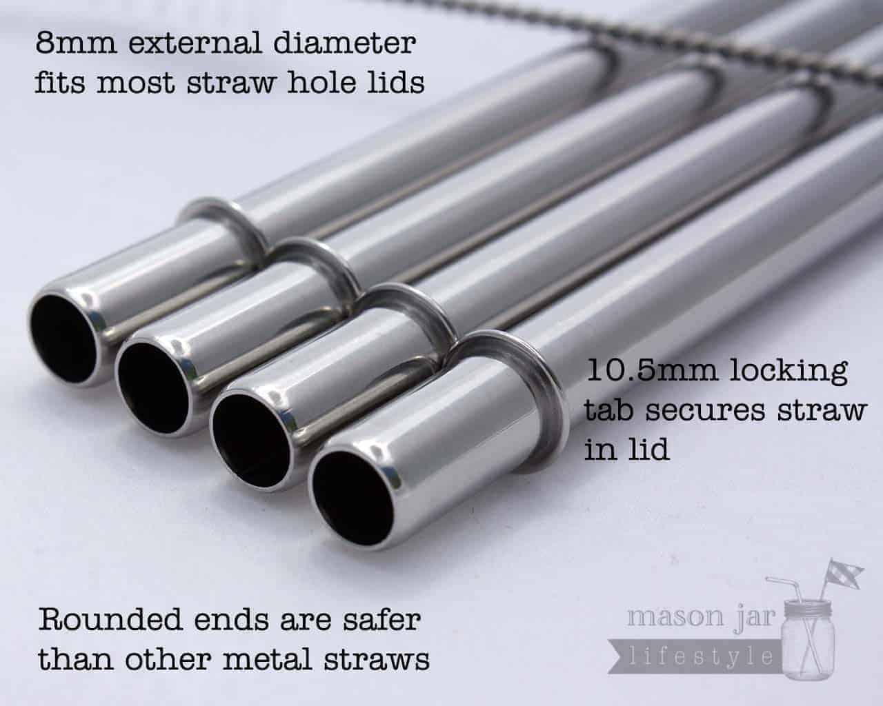 Medium 7 ¼" Safer Rounded End Stainless Steel Straws for Pint Mason Jars