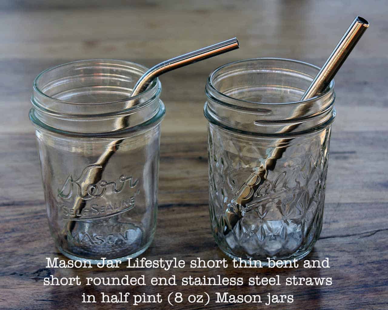 Short 6 ¼" Thin Bent Stainless Steel Straws for Half Pint Mason Jars
