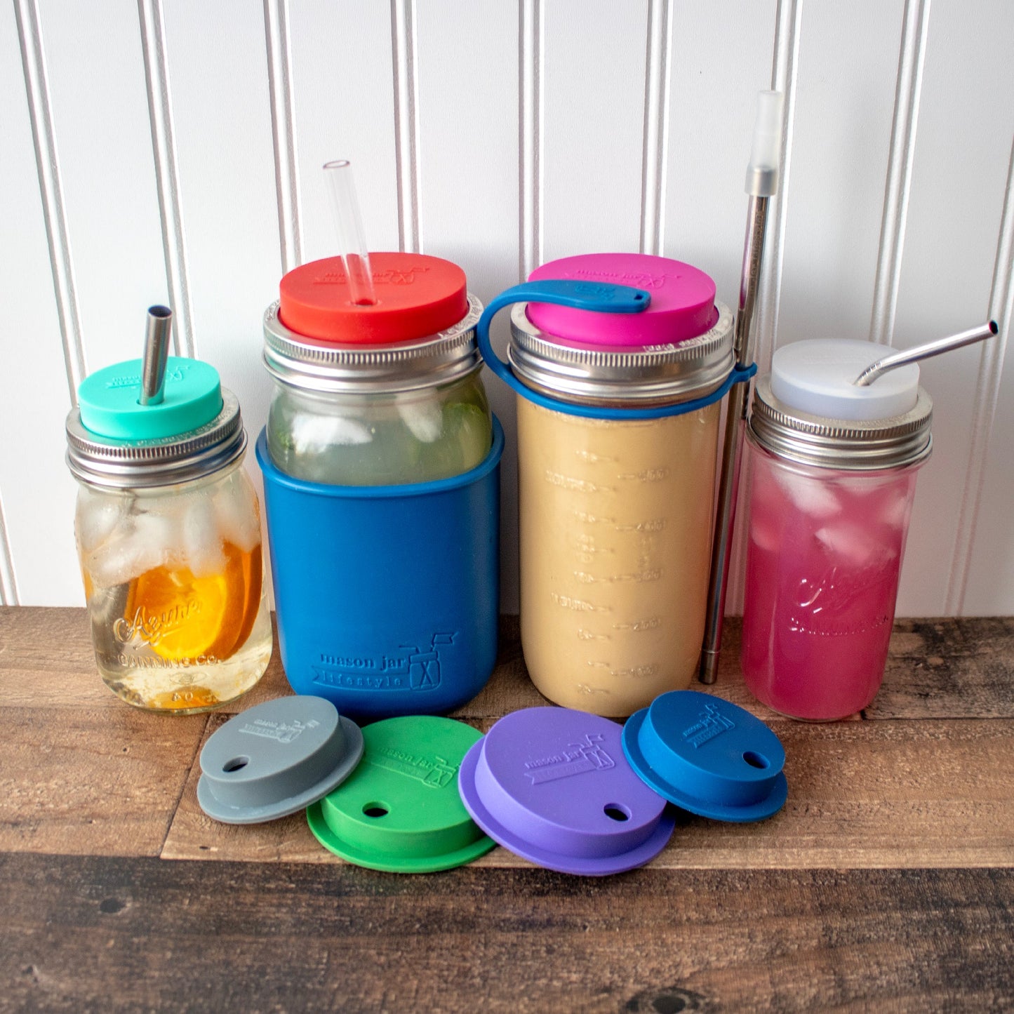 Silicone Straw Hole Tumbler with Stainless Steel Band for Mason Jars