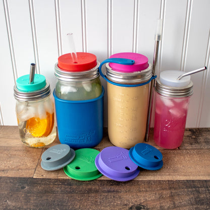 Silicone Straw Hole Tumbler with Stainless Steel Band for Mason Jars